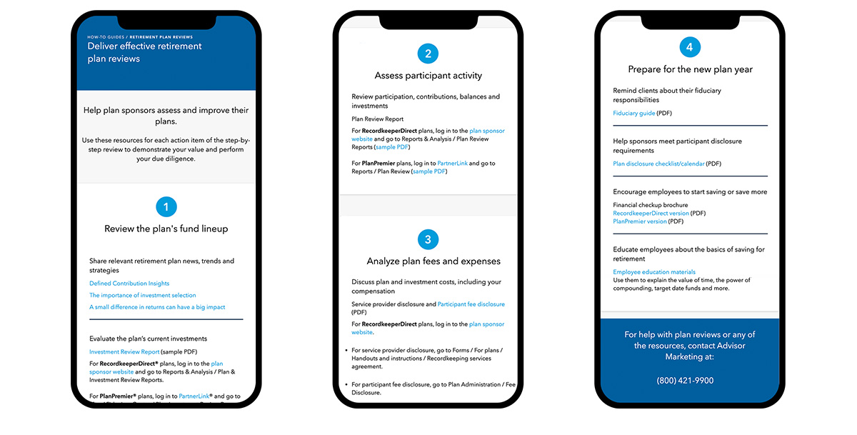 Mobile phone mockups of a webpage 4 steps to conduct plan reviews.
