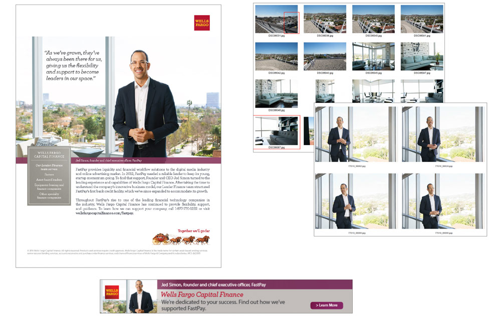 Advertising with the CEO standing next to a window in an office.